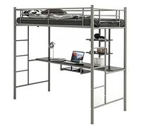 COSTWAY Cama Alta con Escritorio 95x200cm, Cama Alta Individual, Estructura de Hierro, 2 Escaleras Bilaterales y 2 Estantes de Almacenamiento, Literas Juveniles con Escalera (Plata)