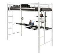 COSTWAY Cama Alta con Escritorio 95x200cm, Cama Alta Individual, Estructura de Hierro, 2 Escaleras Bilaterales y 2 Estantes de Almacenamiento, Literas Juveniles con Escalera (Blanco)
