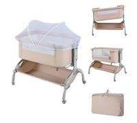 COSTWAY, cama auxiliar 3 en 1, cuna de viaje para bebé con 7 niveles de altura ajustables, incluye colchón, bolsa de transporte y cesta de almacenamiento, apta para bebés hasta los 9 meses, color beig