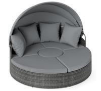 COSTWAY Cama Balinesa Exterior Jardin, Redondo con Dosel Retráctil, Tumbona Isla de Ratán, Cojines Suaves, Conjunto Jardin Terraza Balcon Piscina Exterior, 172 x 180 x 141 cm (Gris)
