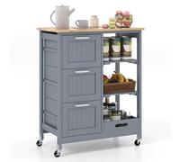 COSTWAY Carrito de Cocina con Ruedas Bloqueables, Carrito de Servicio Multiuso con 2 Estantes Abiertos y 3 Cajones, Bandeja Extraíble, Carro Auxiliar de Madera para Cocina y Comedor (Gris)
