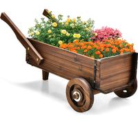 COSTWAY: Carro de flores de madera, carro para plantas con ruedas y mangos, carro de flores con orificio de drenaje, carro con cesta para plantas, carretilla de jardín, decoración para jardín, carro r
