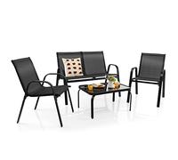 COSTWAY Conjunto Jardin Exterior de 4 Piezas, Mesa de Café de Cristal Templado, Banco y 2 Sillas Individuales, Tela Textilene, Mesa y Sillas, Muebles Jardin Terraza Balcon Exterior (Negro)