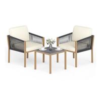 COSTWAY Conjunto Jardin Exterior, Juego de Bistró de Patio de 3 Piezas, Conjunto de Muebles de Conversación de Cuerda Tejida con Cojines, Juego de Mesa Auxiliar y Sillas de Exterior para Porche Balcón
