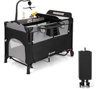 COSTWAY Cuna de bebé 5 en 1 con cambiador, cuna de viaje para bebé de 2 niveles con 3 juguetes, caja de música y bolsa de almacenamiento, cuna auxiliar ajustable en 4 niveles para bebé con ruedas y bo