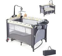 COSTWAY, cuna para bebé 5 en 1, cuna de viaje para bebé con colchón, cuna auxiliar con altura ajustable, cambiador, cinturón de seguridad, móvil musical y juguetes colgantes, moisés para bebé con rued