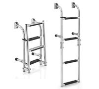 COSTWAY Escalera de Barco de 4 Escalones, Escalera Telescópica Plegable con Adaptador de Piso, Escalones de PVC Resistentes, de Acero Inoxidable para Muelle, Lado de la Piscina