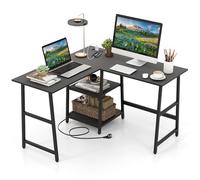 COSTWAY Escritorio Esquinero 120 x 120cm, Tomas de Corriente y Puertos USB, Escritorio en L con 2 Estantería, Estructura de Metal, Mesa Gaming L Oficina Casa (Negro)