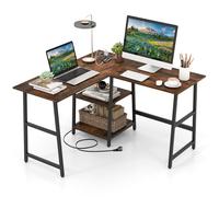 COSTWAY Escritorio Esquinero 120 x 120cm, Tomas de Corriente y Puertos USB, Escritorio en L con 2 Estantería, Estructura de Metal, Mesa Gaming L Oficina Casa (café)