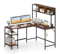 COSTWAY Escritorio Esquinero 150 x 120cm, Escritorio en L con Estanteria, Gancho para Auriculares, Mesa Gaming en L, Oficina Dormitorio (café)