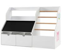 COSTWAY Estantería infantil 2 en 1 de madera, armario de juguetes con pizarra plegable y 5 barras para colgar, estantería para libros para niños a partir de 3 años, 104x40x70 cm