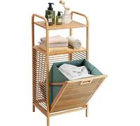COSTWAY Estantería para baño de 40 litros con cesto para ropa y bolsa de lavado plegable, armario para ropa de bambú, estante grande para baño de 40,5 x 33 x 95,5 cm, color verde