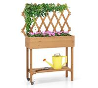 COSTWAY Huerto Urbano Elevado de Madera con Enrejado, Cama de Jardín Elevado Móvil con Ruedas Bloqueables, Forro de Tela, Jardinera de Plantas para Interiores y Exteriores, 90 x 29 x 129 cm
