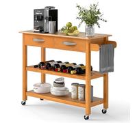 COSTWAY Isla de Cocina con Almacenamiento, Carrito Auxiliar de 3 Niveles con 4 Ruedas, con Encimera de Madera, 2 Cajones, 2 Estantes Abiertos y Asa Lateral, Carro de Servicio para Comedor (Natural)