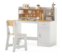 COSTWAY Juego de Escritorio y Silla para Niños, Mesa Infantil de Madera con Estantes, Cajón, Gabinete, Escritorio y Silla Juvenil para Dormitorio Hogar Escuela (Natural)