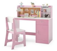 COSTWAY Juego de Escritorio y Silla para Niños, Mesa Infantil de Madera con Estantes, Cajón, Gabinete, Escritorio y Silla Juvenil para Dormitorio Hogar Escuela (Rosa)
