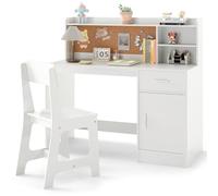 COSTWAY Juego de Escritorio y Silla para Niños, Mesa Infantil de Madera con Estantes, Cajón, Gabinete, Escritorio y Silla Juvenil para Dormitorio Hogar Escuela (Blanco)