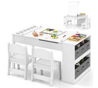 COSTWAY Juego de Mesa y 2 Silla de Arte para Niños,Escritorio de Juegos y Manualidades 2 en 1 para Niños con Mesa Elevable, Rollo de Papel, Vasos de Pintura y 6 Contenedores (Blanco)