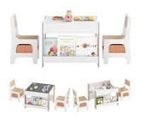 COSTWAY Juego de Mesa y Sillas Infantil, 4 en 1 Mesa de Actividades para Niños con Superficie Reversible, 2 Estantes para Libros y Cajas de Almacenaje (Natural,con Estante y Tablero Empalmado)
