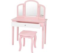 COSTWAY Juego de tocador infantil 2 en 1, con mesa de maquillaje, espejo plegable triple, cajón y taburete de maquillaje, color rosa