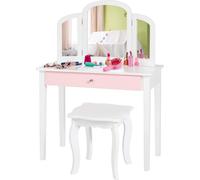 COSTWAY Juego de tocador infantil 2 en 1, con mesa de maquillaje, espejo plegable triple, cajón y taburete de maquillaje, color blanco