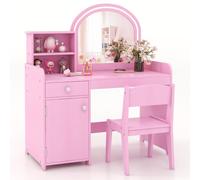 COSTWAY, juego de tocador infantil 2 en 1, mesa de maquillaje y peluquería con taburete, luces LED, espejo, armario y cajón, color rosa
