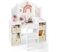 COSTWAY, juego de tocador y silla para niños, modelo 2 en 1, tocador de princesa con 3 espejos removibles, color blanco