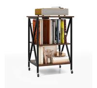 COSTWAY Mesa Auxiliar con Estación de Carga Integrada, Mesita de Noche de 3 Niveles, con Estructura Metálica, 4 Ruedas Universales y Separadores, Mueble para Tocadiscos y Vinilos (Marrón Rústico)