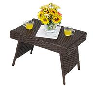 COSTWAY Mesa Baja de Mimbre Plegable, Mesa de Mimbre de Exterior con Tabla en PVC y Estructura en Acero Resistente, Almohadillas Antideslizantes, Patio Balcón Jardín, Diseño Salva Espacio (Marrón)