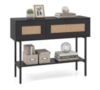 COSTWAY Mesa Consola de Entrada, Mesa Auxiliar de Ratán PE con Puertas Estilo Bohemio, Estantes de Almacenamiento y Estructura Metálica, Mueble Interior Estrecho para Sofá Recibidor Salón (Negro)