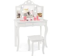 COSTWAY Mesa de maquillaje 2 en 1 para niños, con luces LED, espejo plegable y cajones (blanca)