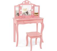 COSTWAY, mesa de maquillaje 2 en 1 para niños, con luces LED, espejo plegable y cajones (rosa)