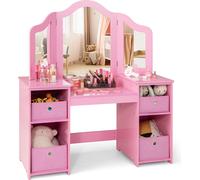 COSTWAY Mesa de maquillaje infantil 2 en 1 con espejo desmontable, tocador de princesa con compartimentos abiertos (con caja, color rosa)
