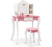 COSTWAY: Mesa de maquillaje infantil con taburete, tocador con espejo triple desmontable, mesa de cosméticos para niñas de madera con cajón, dimensiones 68x42x100 cm (rosa y blanco)
