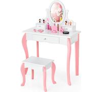 COSTWAY: Mesa de maquillaje infantil con taburete, tocador de princesa con 3 cajones y espejo giratorio de 360 grados, cómoda de maquillaje rosa, mesa de maquillaje para niñas (blanca)