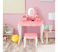 COSTWAY: Mesa de maquillaje infantil con taburete, tocador de princesa con 3 cajones y espejo giratorio de 360°, cómoda de maquillaje rosa, tocador para niñas