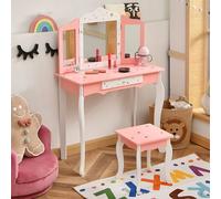 COSTWAY: Mesa de maquillaje infantil con taburete, tocador de princesa con cajón y espejo plegable de 3 posiciones, cómoda de maquillaje rosa y blanca, tocador para niñas