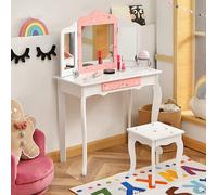 COSTWAY: Mesa de maquillaje infantil con taburete, tocador de princesa con cajón y espejo plegable de 3 posiciones, cómoda de maquillaje rosa y blanca, tocador para niñas