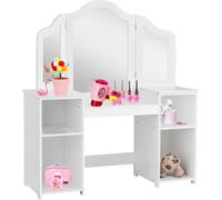 COSTWAY Mesa de maquillaje y escritorio 2 en 1 para niños, con espejo desmontable, tocador para niñas con compartimentos abiertos, cómoda de tocador de madera, tocador blanco