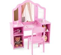 COSTWAY Mesa de maquillaje y escritorio 2 en 1 para niños, con espejo desmontable, tocador para niñas con compartimentos abiertos, cómoda de tocador de madera, mesa de maquillaje (con silla, color ros