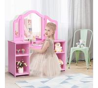 COSTWAY Mesa de maquillaje y escritorio 2 en 1 para niños, con espejo desmontable, tocador para niñas con compartimentos abiertos, cómoda de tocador de madera, mesa de maquillaje (rosa)