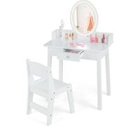 COSTWAY, mesa de maquillaje y tocador infantil 2 en 1 con taburete, mesa de tocador con espejo iluminado, cajón y organizador de joyas, mesa de maquillaje de madera para niñas, diseño princesa, color 