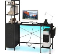 COSTWAY Mesa Gaming,Madera de Ingeniería,Estanteria y 2 Cajones,Negro Black 145 x 50 x 147.5 cm