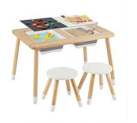 COSTWAY Mesa Sensorial Montessori con 2 Taburetes, Mesa y Sillas para Niños con Superficies Doble Faz Desmontables y 2 Cubetas de Almacenamiento, Patas de Madera de Pino (2 Sillas Redondas)