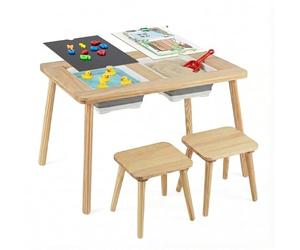 COSTWAY Mesa Sensorial Montessori con 2 Taburetes, Mesa y Sillas para Niños con Superficies Doble Faz Desmontables y 2 Cubetas de Almacenamiento, Patas de Madera de Pino (2 Sillas Cuadradas)
