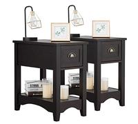 COSTWAY Mesitas de Noche, Mesa Auxiliar de Madera de Caucho, Mesa Lateral Retro, Mesillas de Noche Rectangular, Mesa Compacta con Cajón y Estante para Dormitorio (Nogal, Juego de 2)