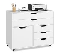 COSTWAY Mueble Archivador de Madera con 5 Ruedas Universales, Cómoda de 5 Cajones con Puerta, Soporte de Impresora, Moderno Gabinete de Almacenaje Vertical Salon Estudio, Oficina (Blanco)