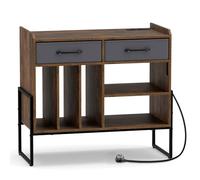 COSTWAY Mueble para Tocadiscos y Vinilos con Estación de Carga, Soporte para Discos de Vinilo con Cajones de Tela Desmontables, 5 Compartimentos, Mesa Tocadiscos para Salón, Oficina, 76x35,5x68,5 cm