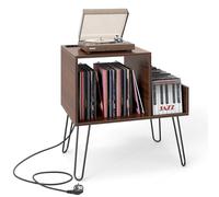 COSTWAY Mueble Tocadiscos con Estación de Carga, Soporte Tocadiscos con Divisor de Vinilos, Estante de Exhibición y Patas de Metal, Mesa Auxiliar de Discos hasta 145 Álbumes, 66x45x67 cm (Nogal)