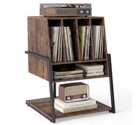 COSTWAY Mueble Tocadiscos con Ruedas, Mesa Auxiliar de Madera para Discos, Marco Metálico con Estante para Vinilos, Mueble para Tocadiscos y Vinilos, Salón y Dormitorio (sin Eschufe,Marrón)